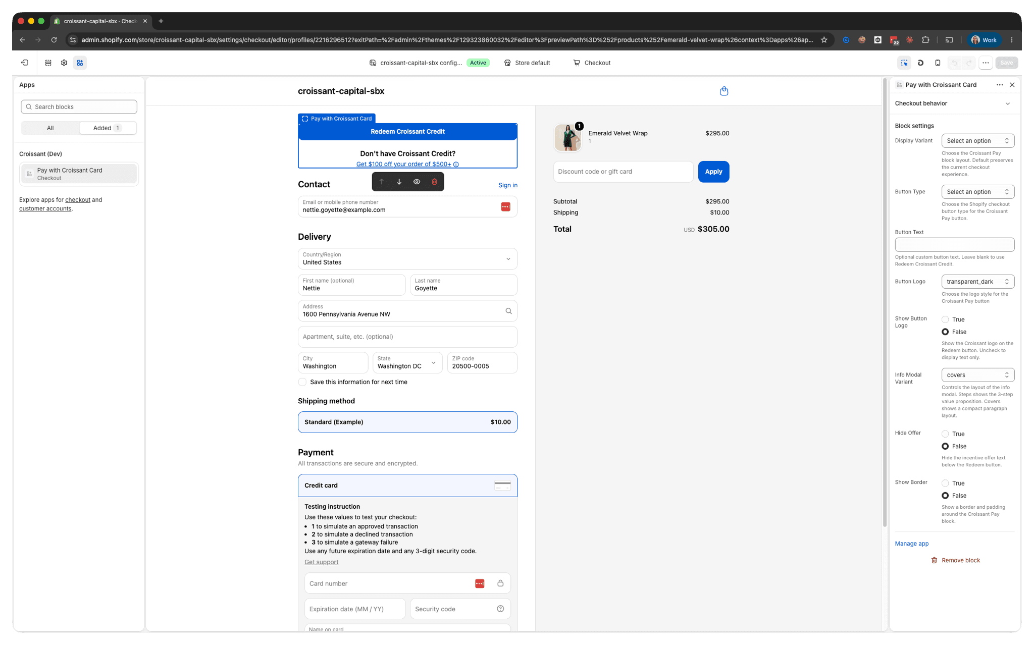 Shopify checkout editor showing the Pay with Croissant Card block and its settings