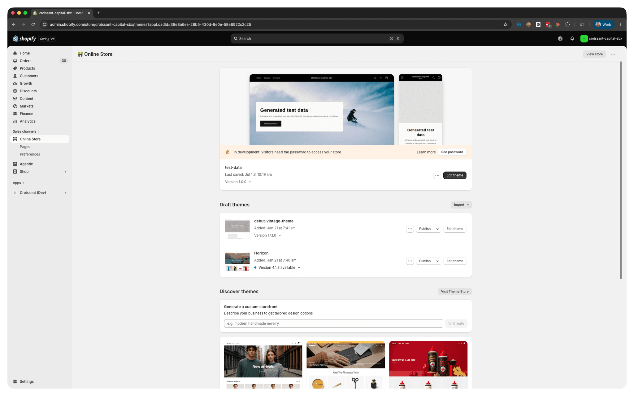 Shopify Online Store Themes page with the Edit theme action