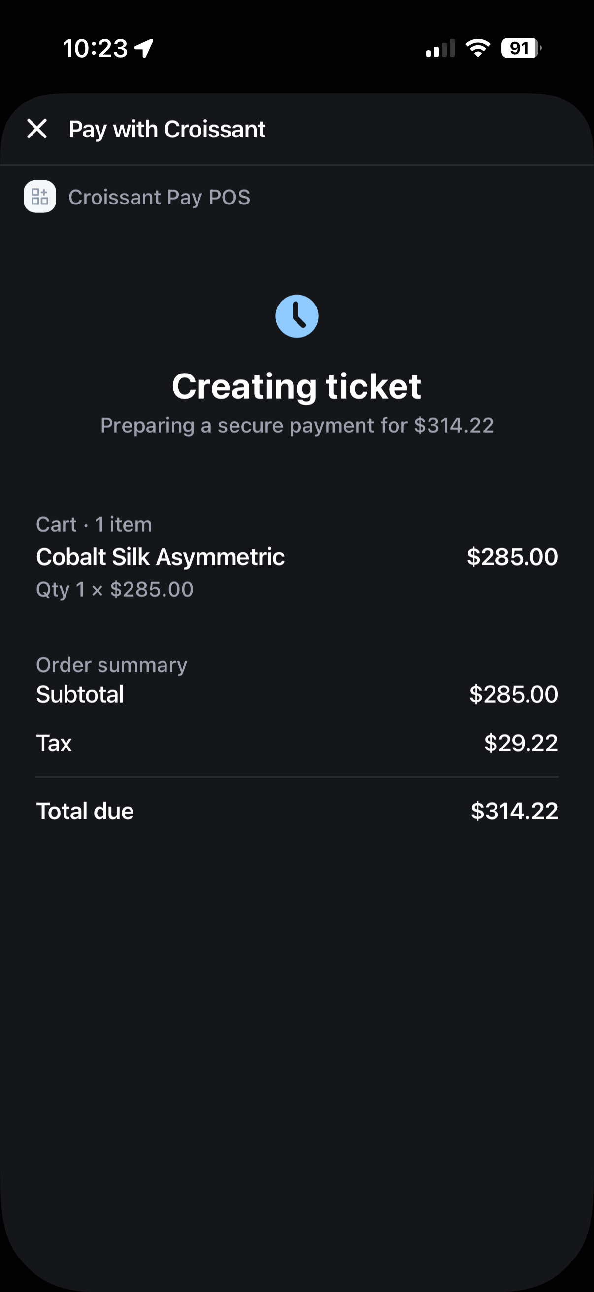 Croissant Pay extension creating a payment ticket from the cart