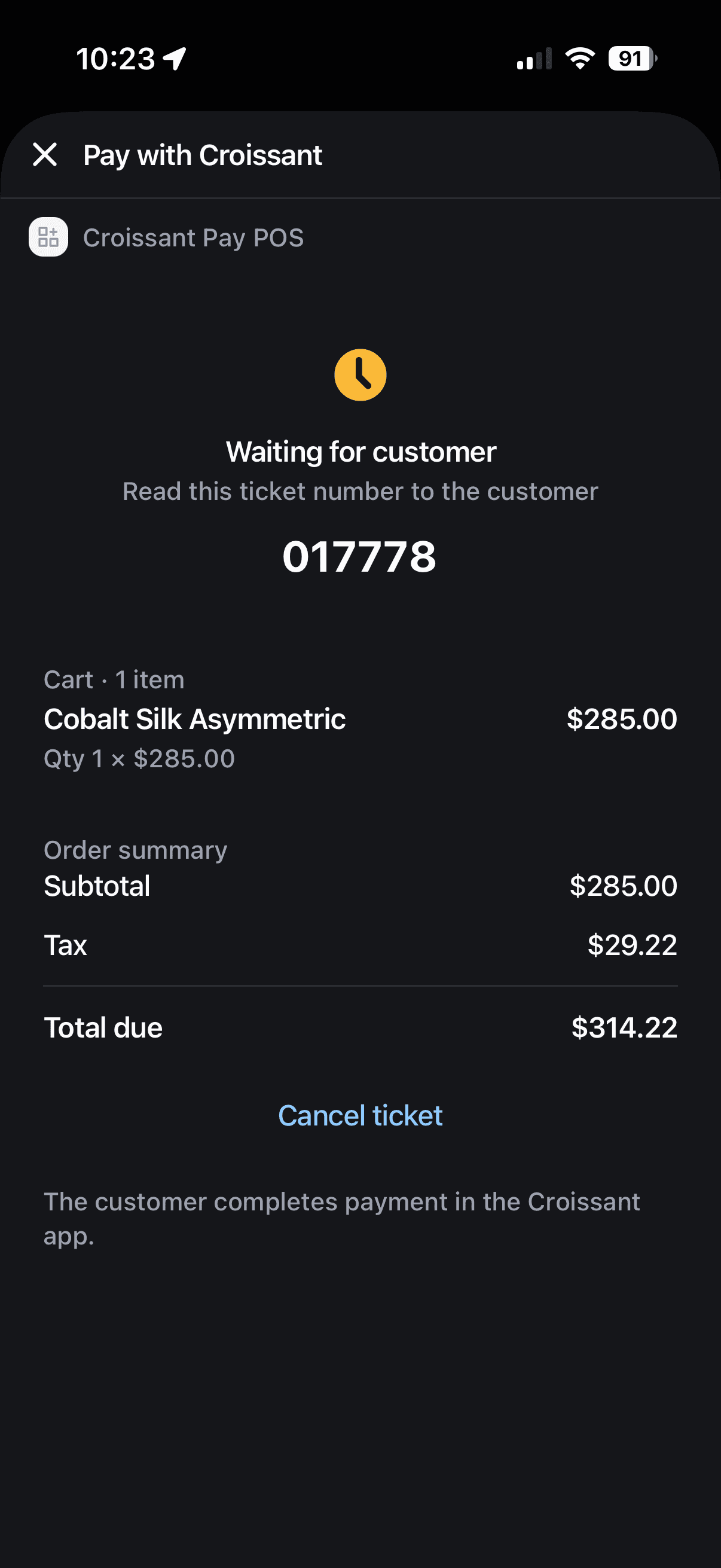 Croissant Pay extension waiting for a customer with a six-digit ticket