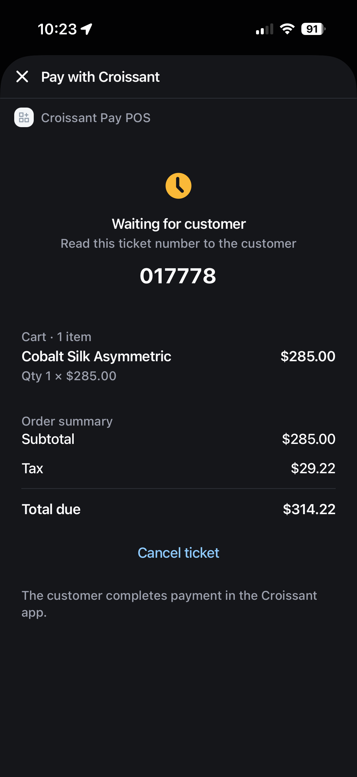 Croissant Pay extension waiting for a customer with a six-digit ticket