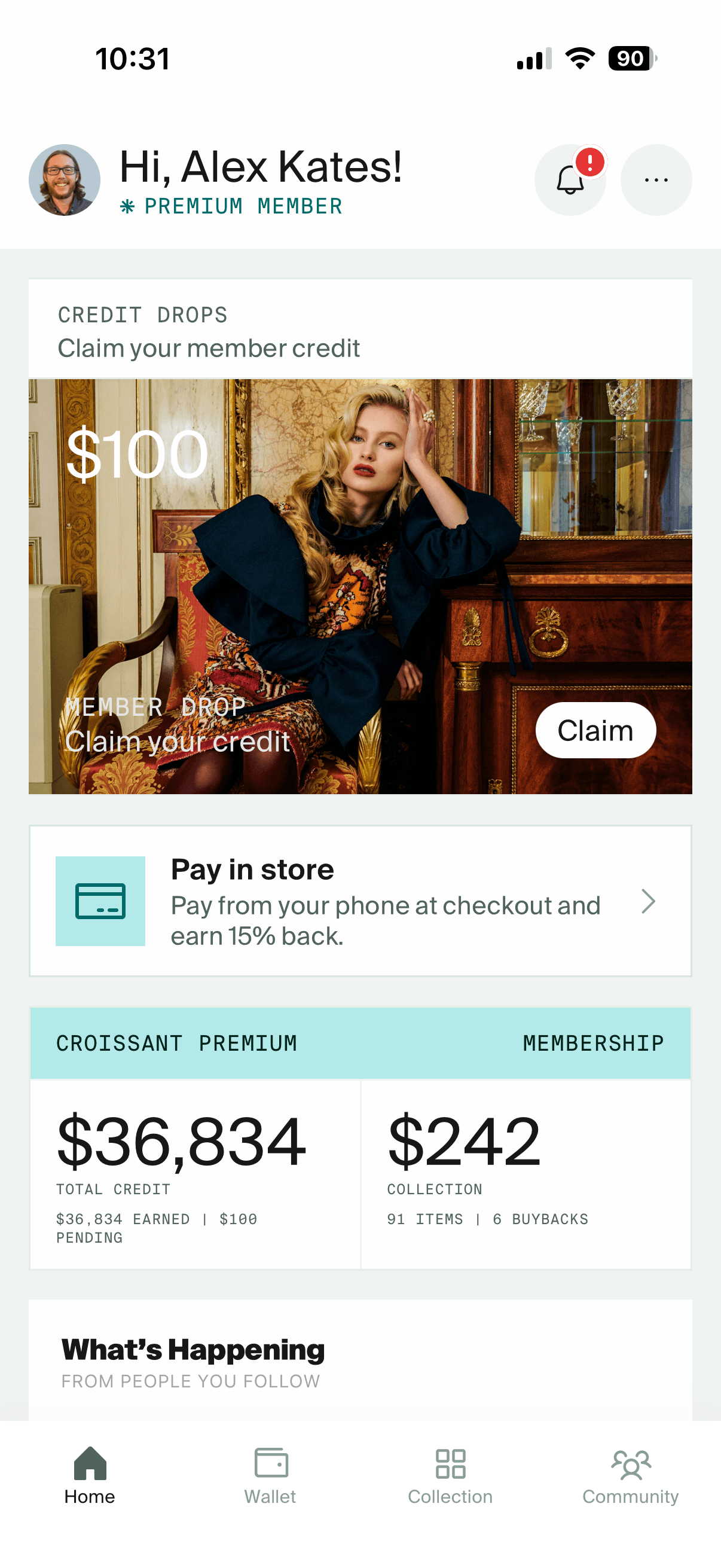 Croissant app home screen showing Pay in store