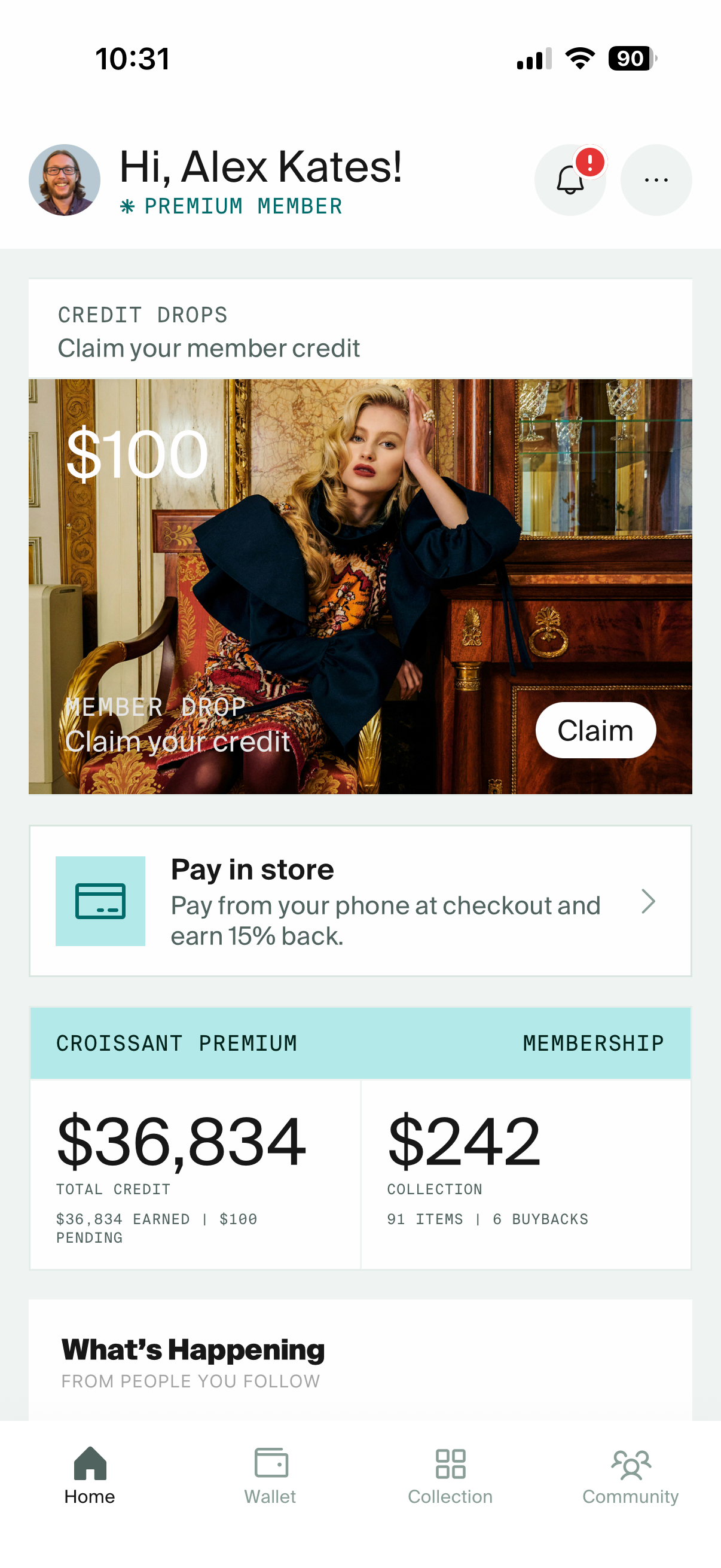 Croissant app home screen showing Pay in store