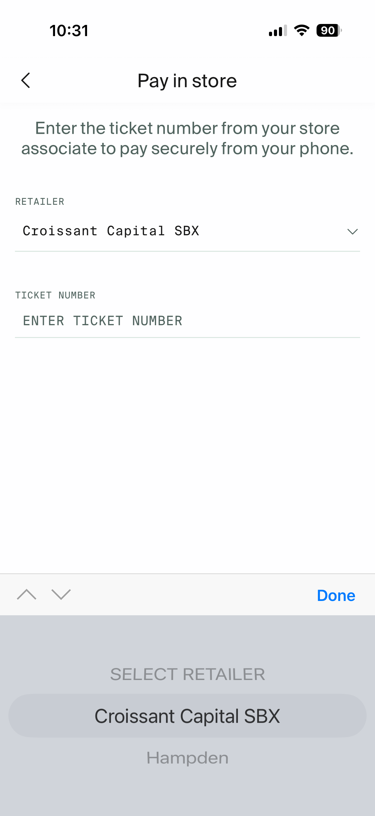 Croissant app Pay in store screen with the retailer selector open