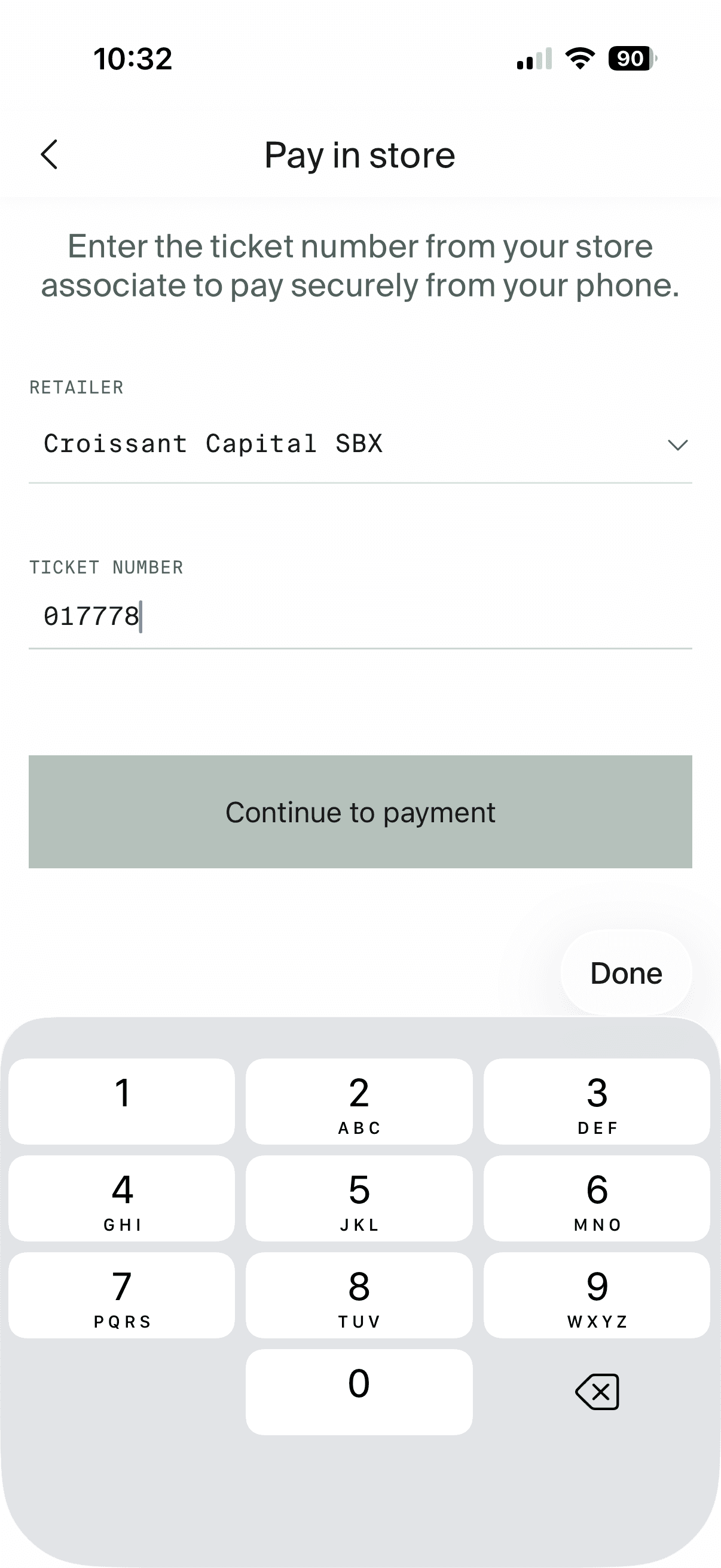 Croissant app Pay in store screen with a retailer and ticket selected