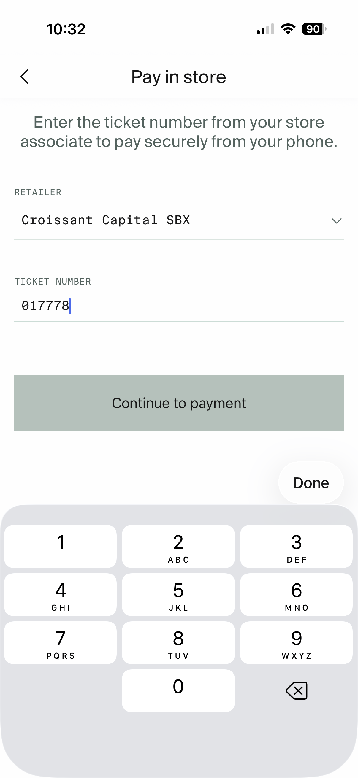 Croissant app Pay in store screen with a retailer and ticket selected