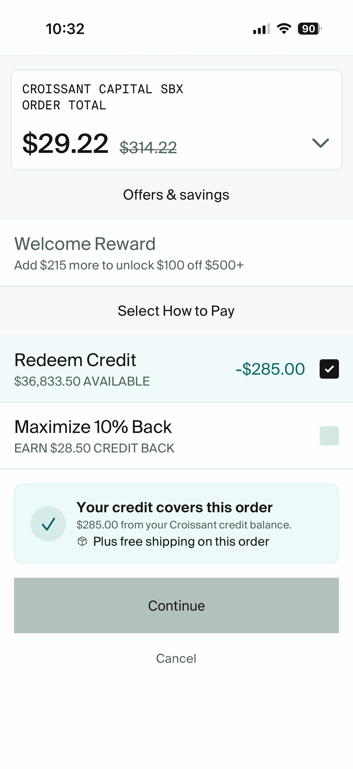 Croissant app showing redeem credit and earn credit back choices