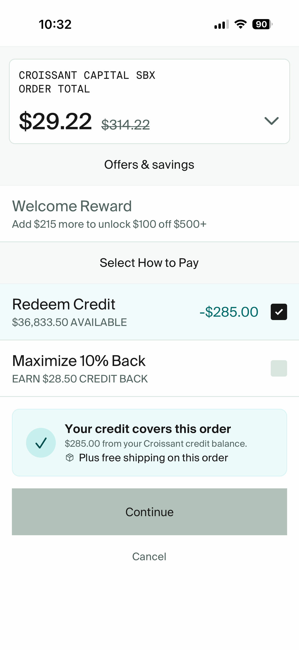 Croissant app showing redeem credit and earn credit back choices