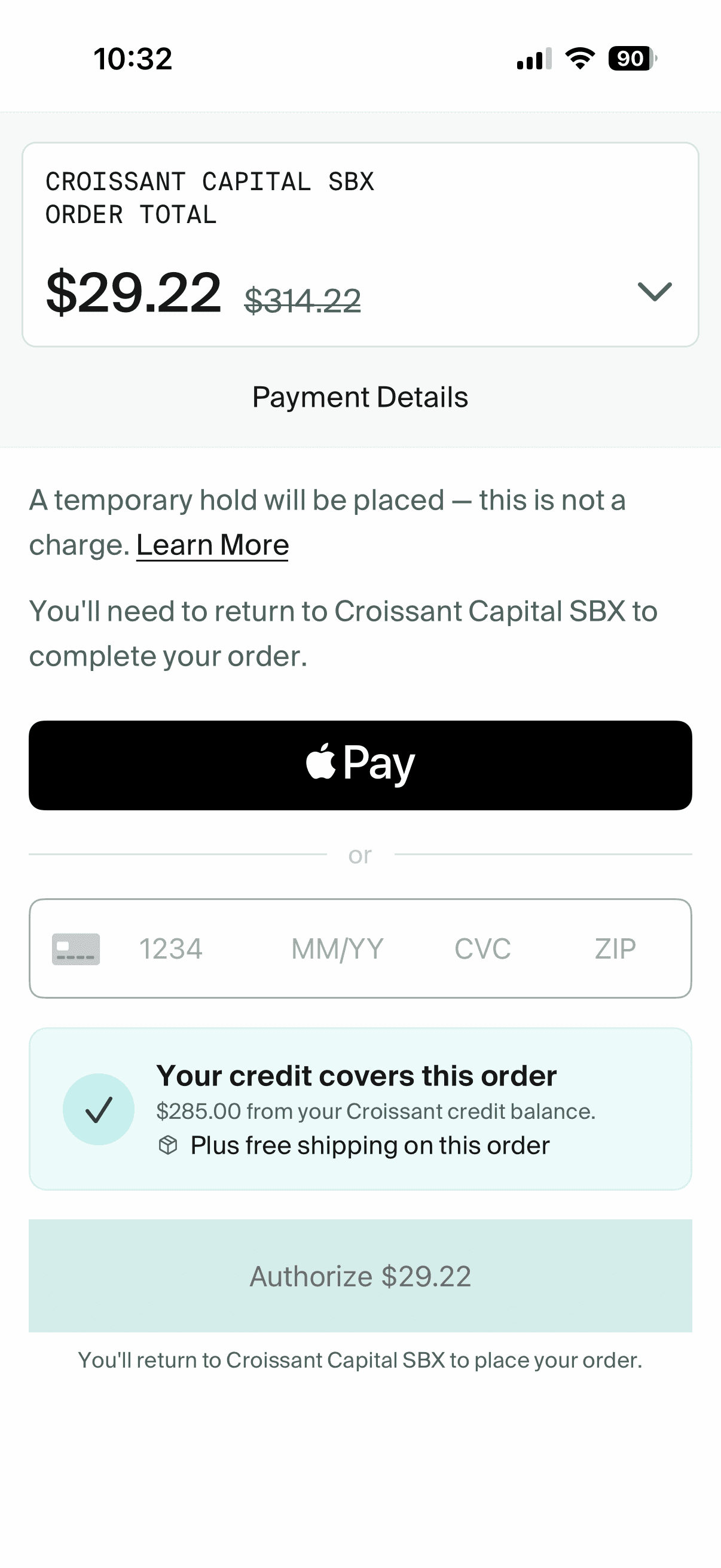 Croissant app payment details screen before authorization