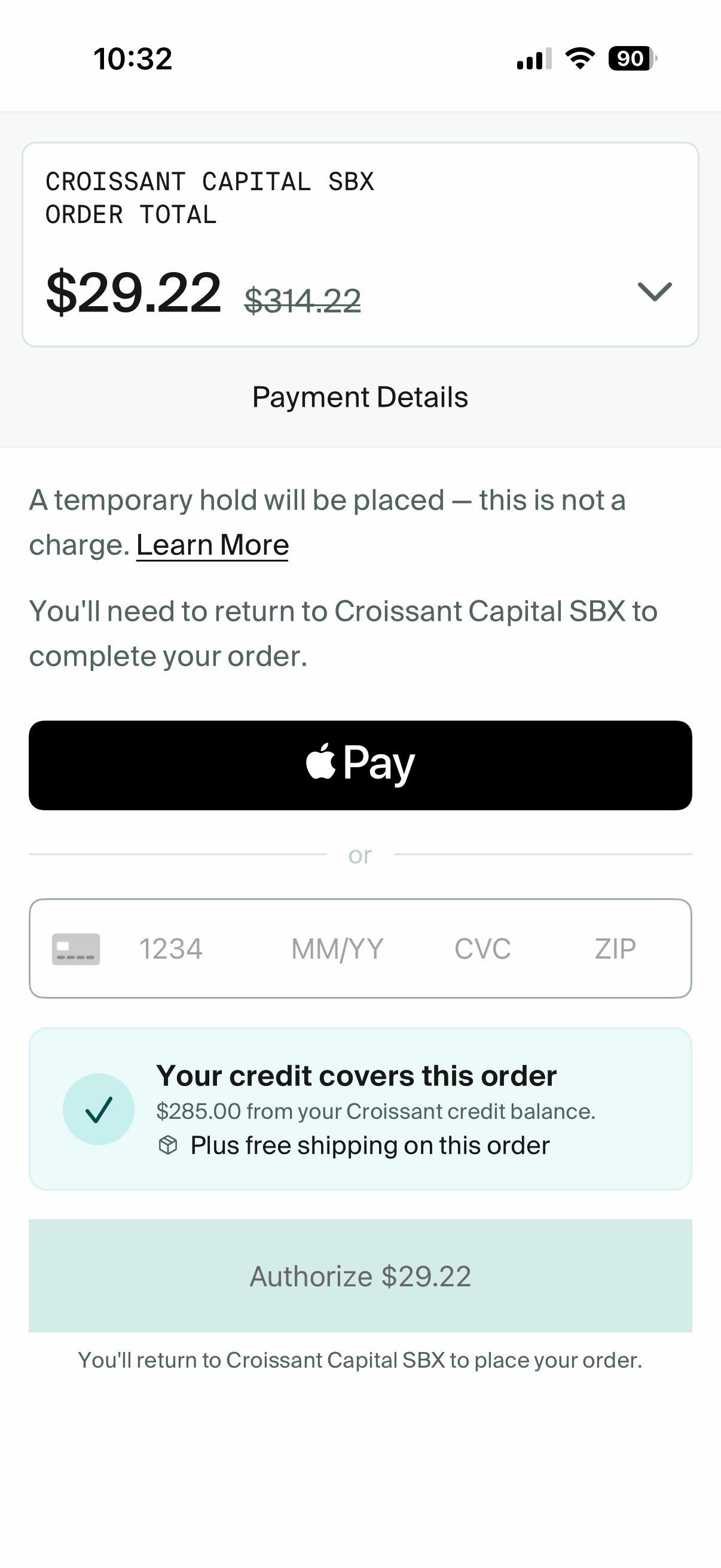 Croissant app payment details screen before authorization