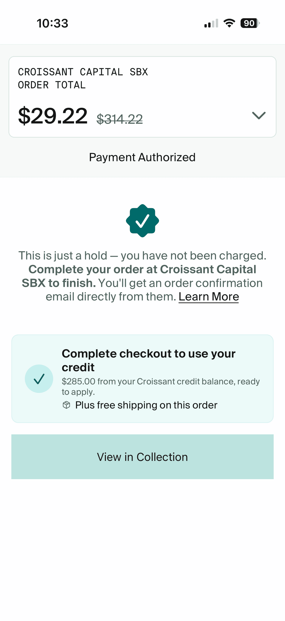 Croissant app showing payment authorized
