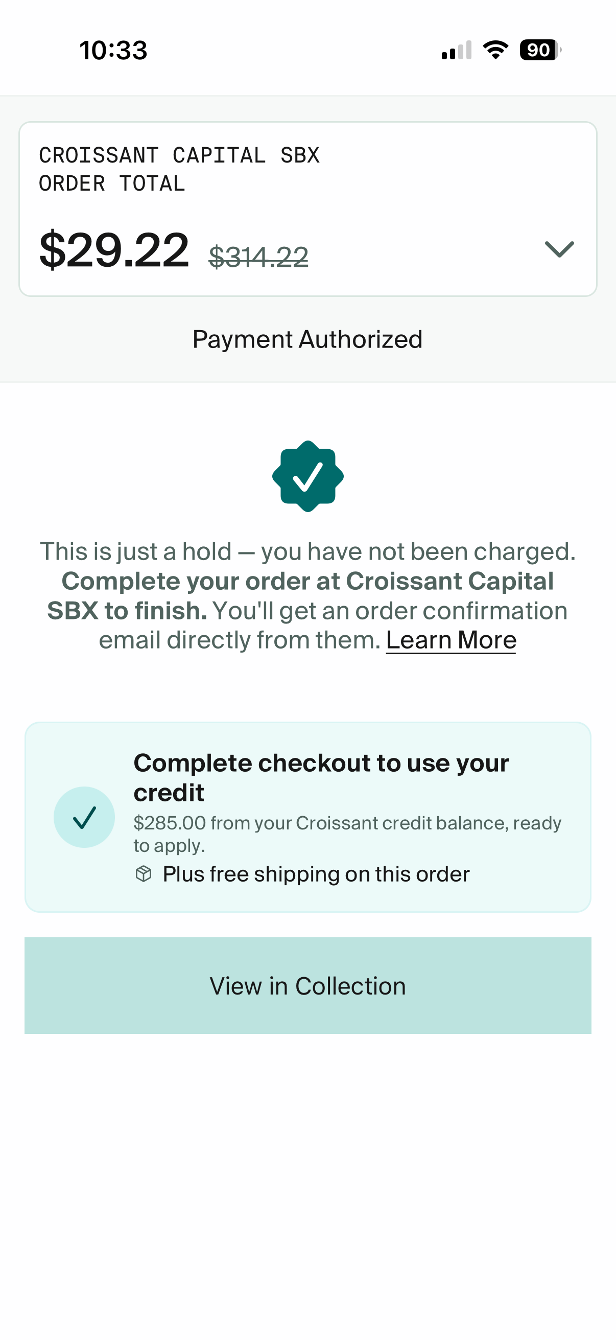 Croissant app showing payment authorized