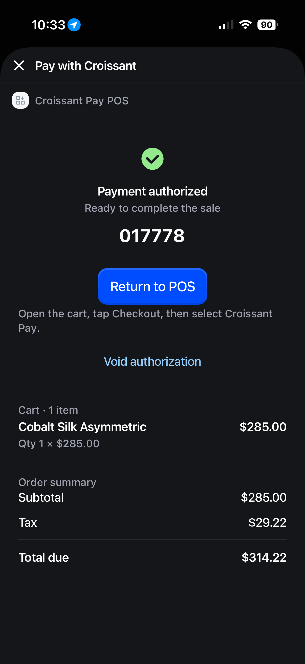 Croissant Pay POS extension showing Payment authorized