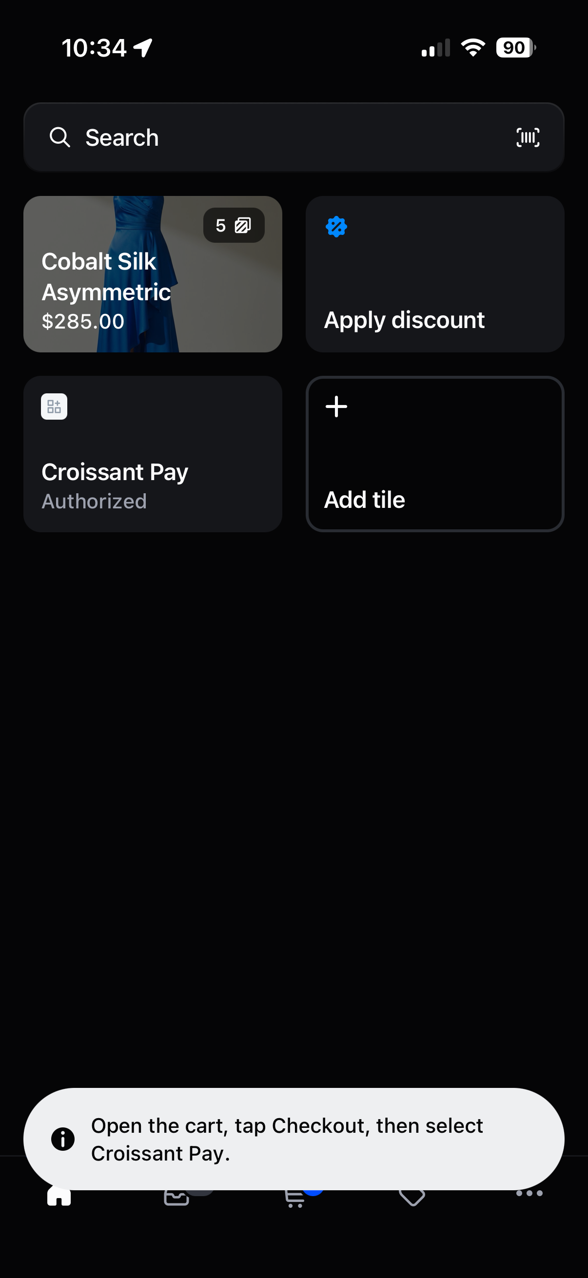 Shopify POS smart grid with the Croissant Pay tile marked Authorized
