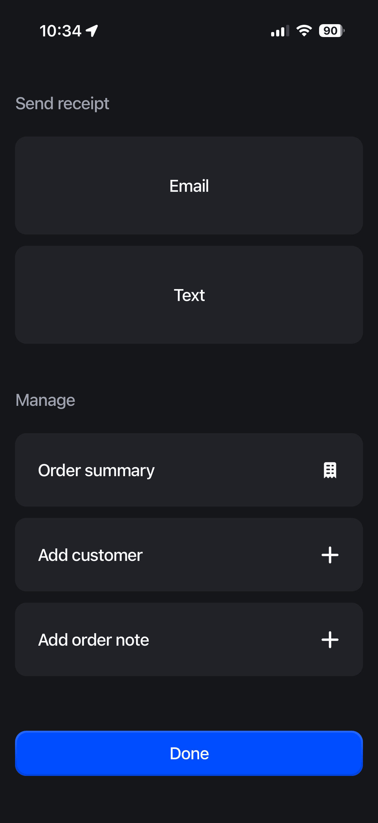 Shopify POS sale-complete screen with receipt options