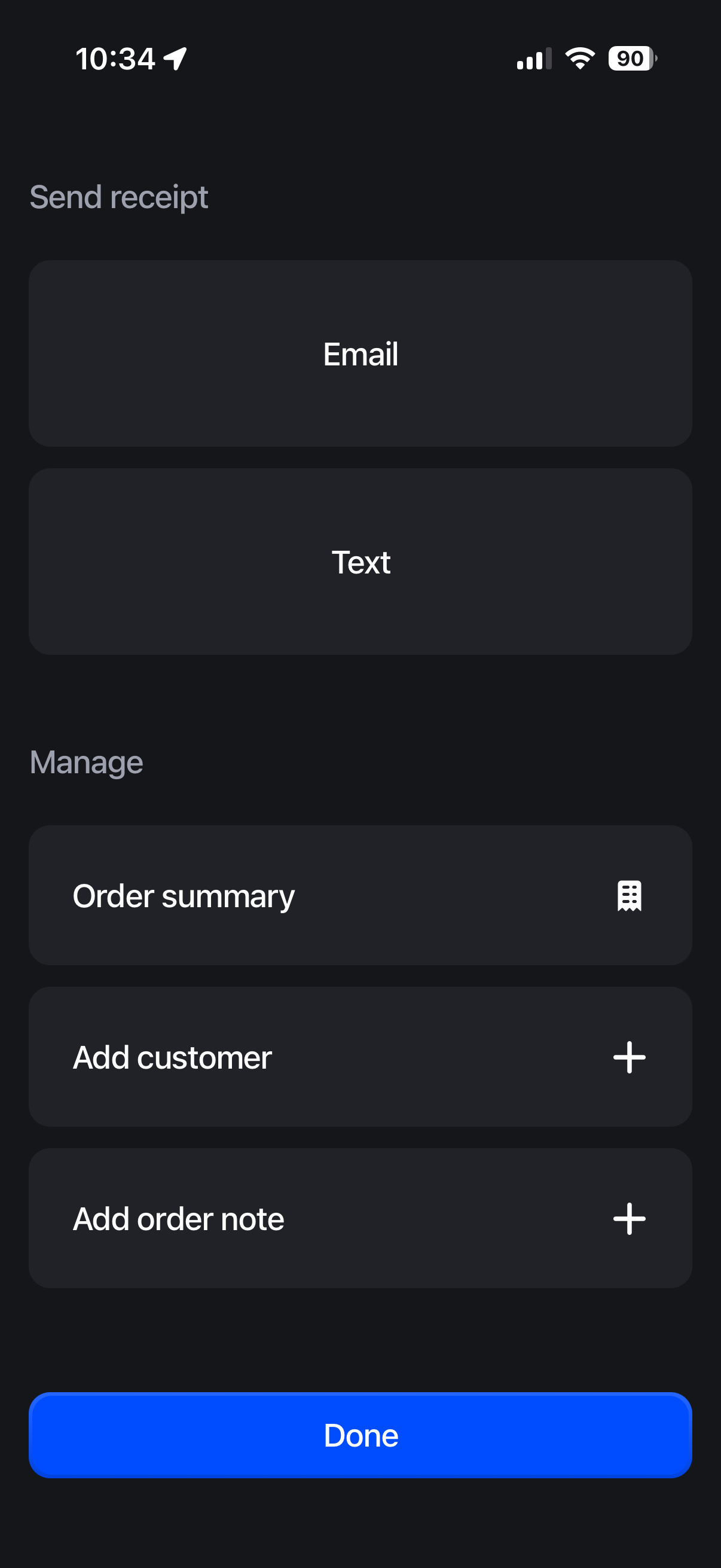 Shopify POS sale-complete screen with receipt options