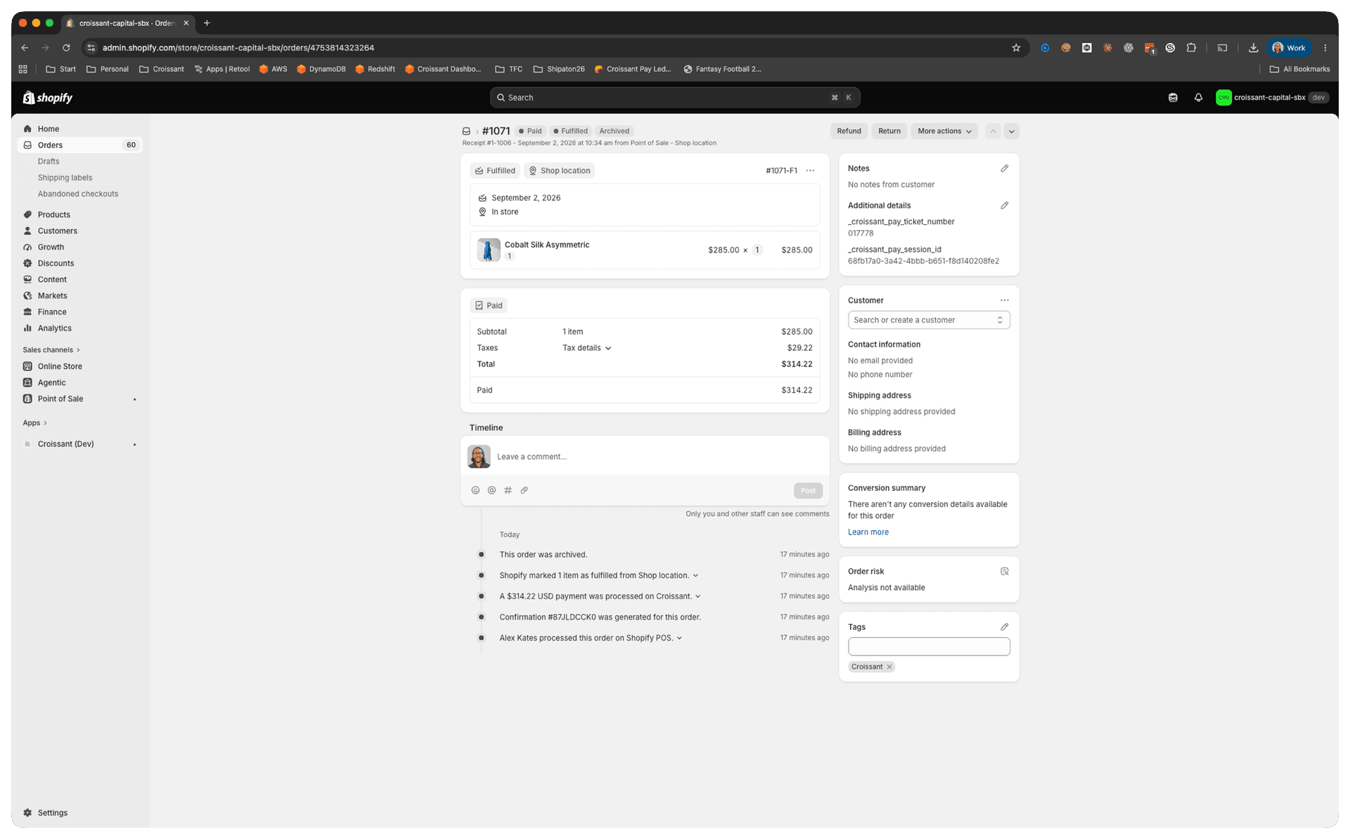 Completed Shopify order showing the Croissant tag and Croissant Pay ticket number under Additional details
