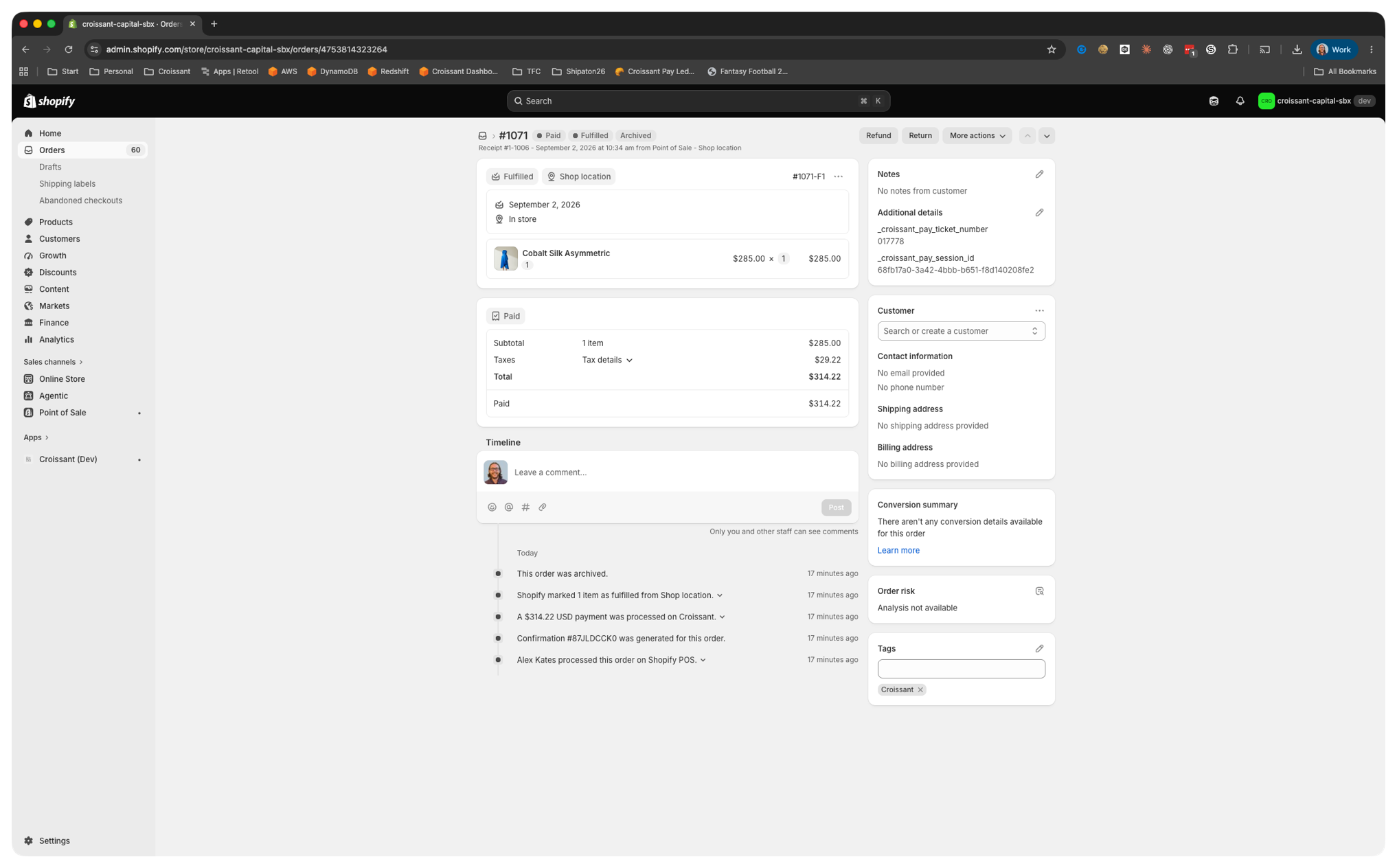 Completed Shopify order showing the Croissant tag and Croissant Pay ticket number under Additional details