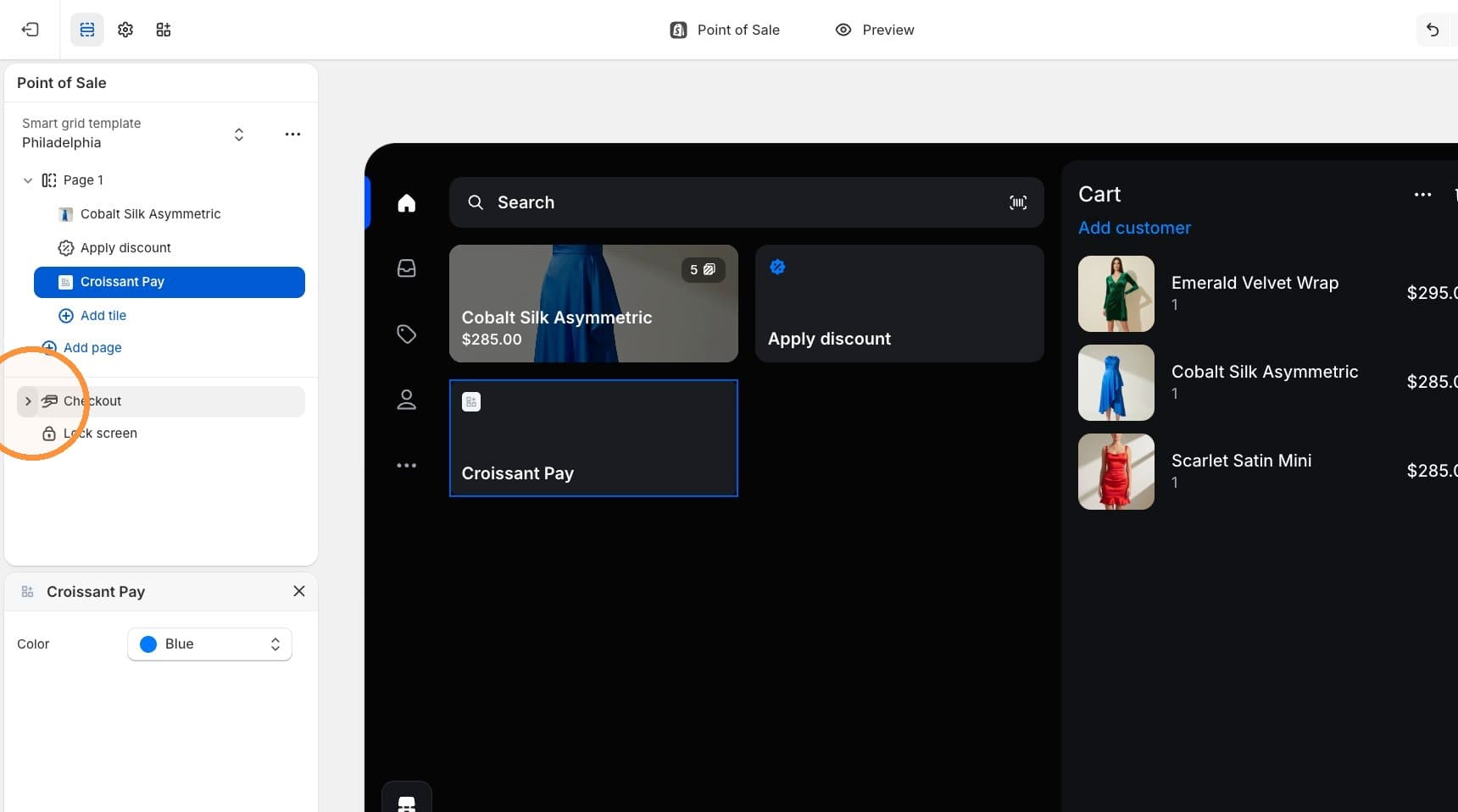 Shopify POS editor with the Croissant Pay tile installed