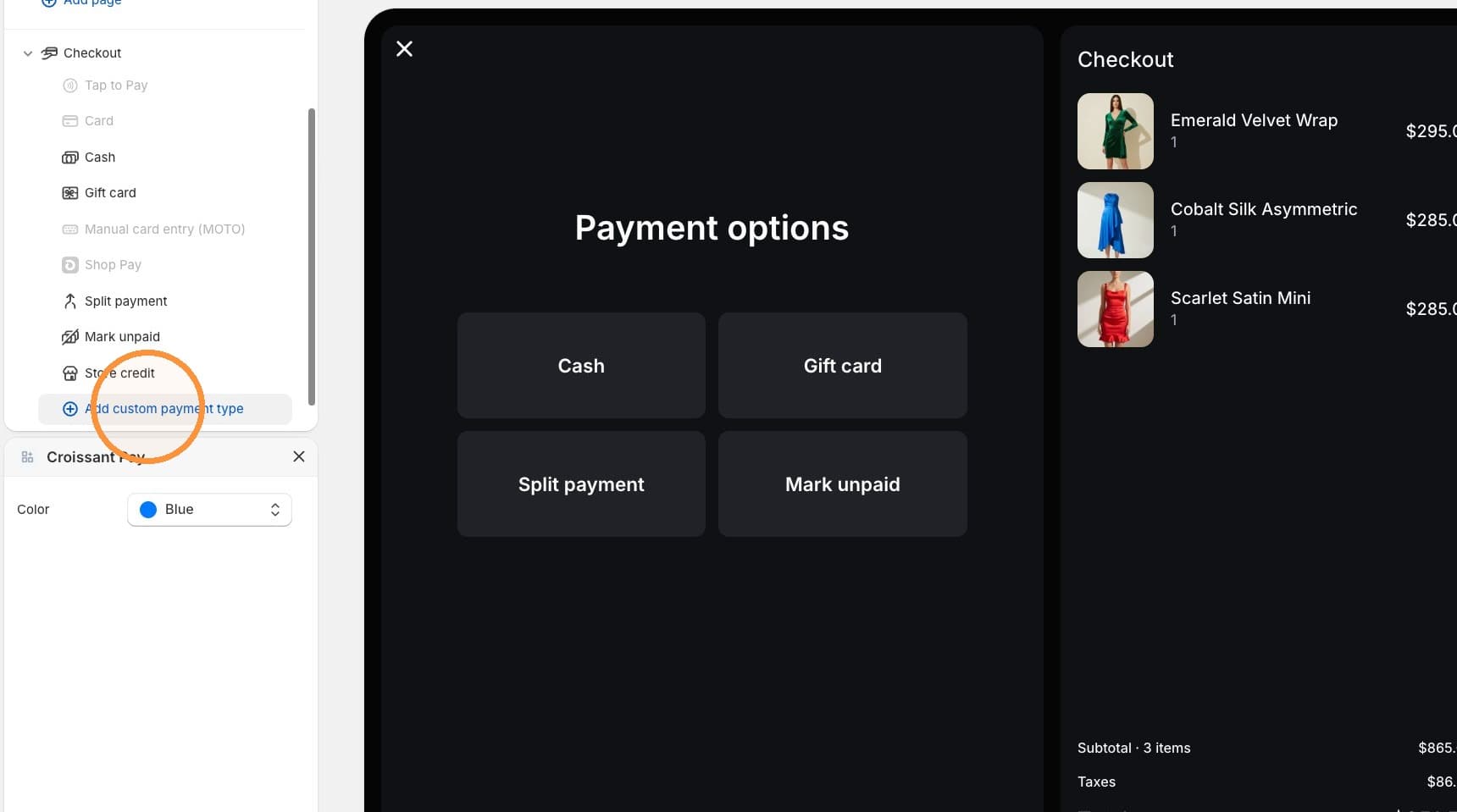 Shopify POS checkout settings with Add custom payment type highlighted