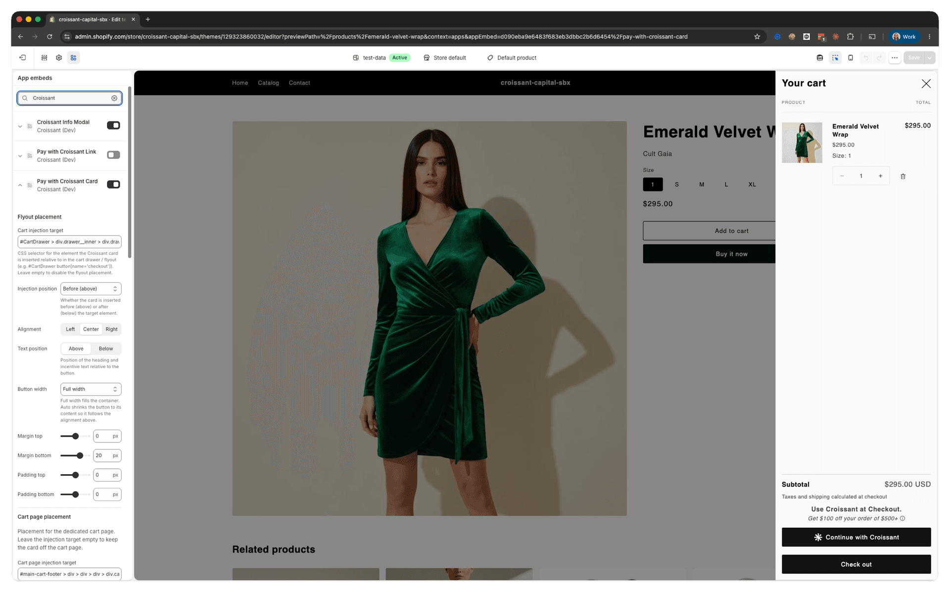 Shopify theme editor App embeds panel showing Croissant extension settings