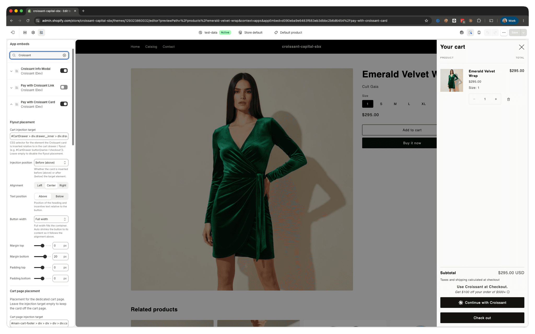 Shopify theme editor App embeds panel showing Croissant extension settings