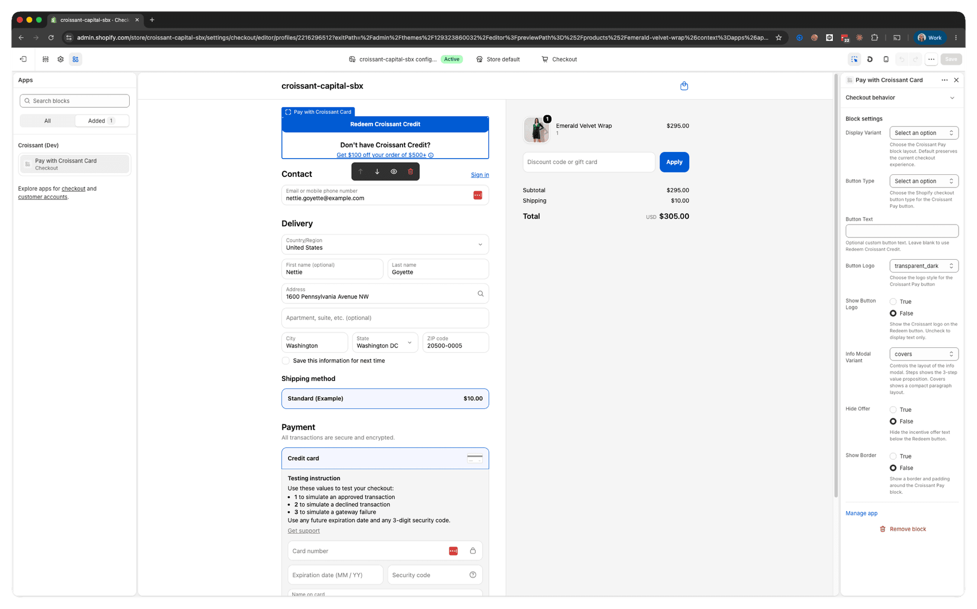 Shopify checkout editor showing the Pay with Croissant Card block and its settings