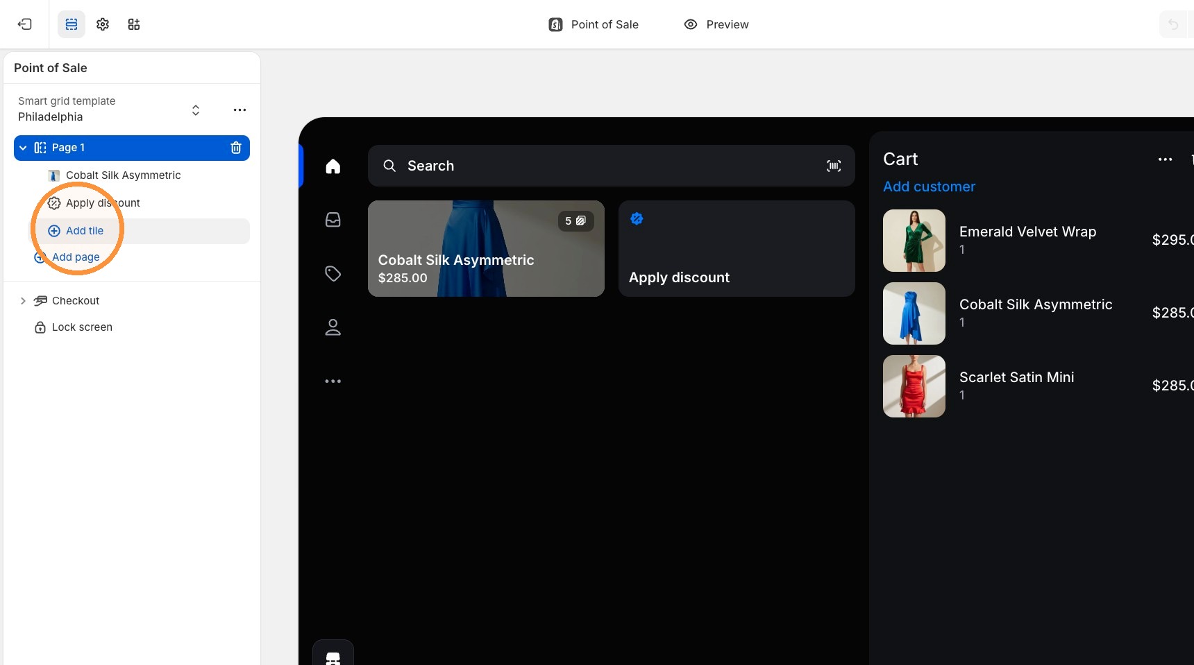 Shopify POS editor with Add tile highlighted