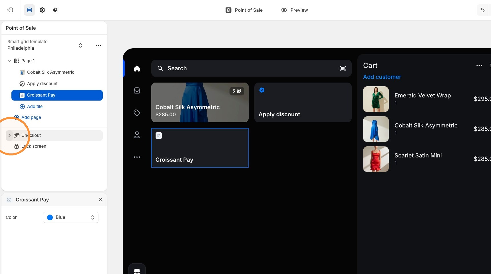 Shopify POS editor with the Croissant Pay tile installed
