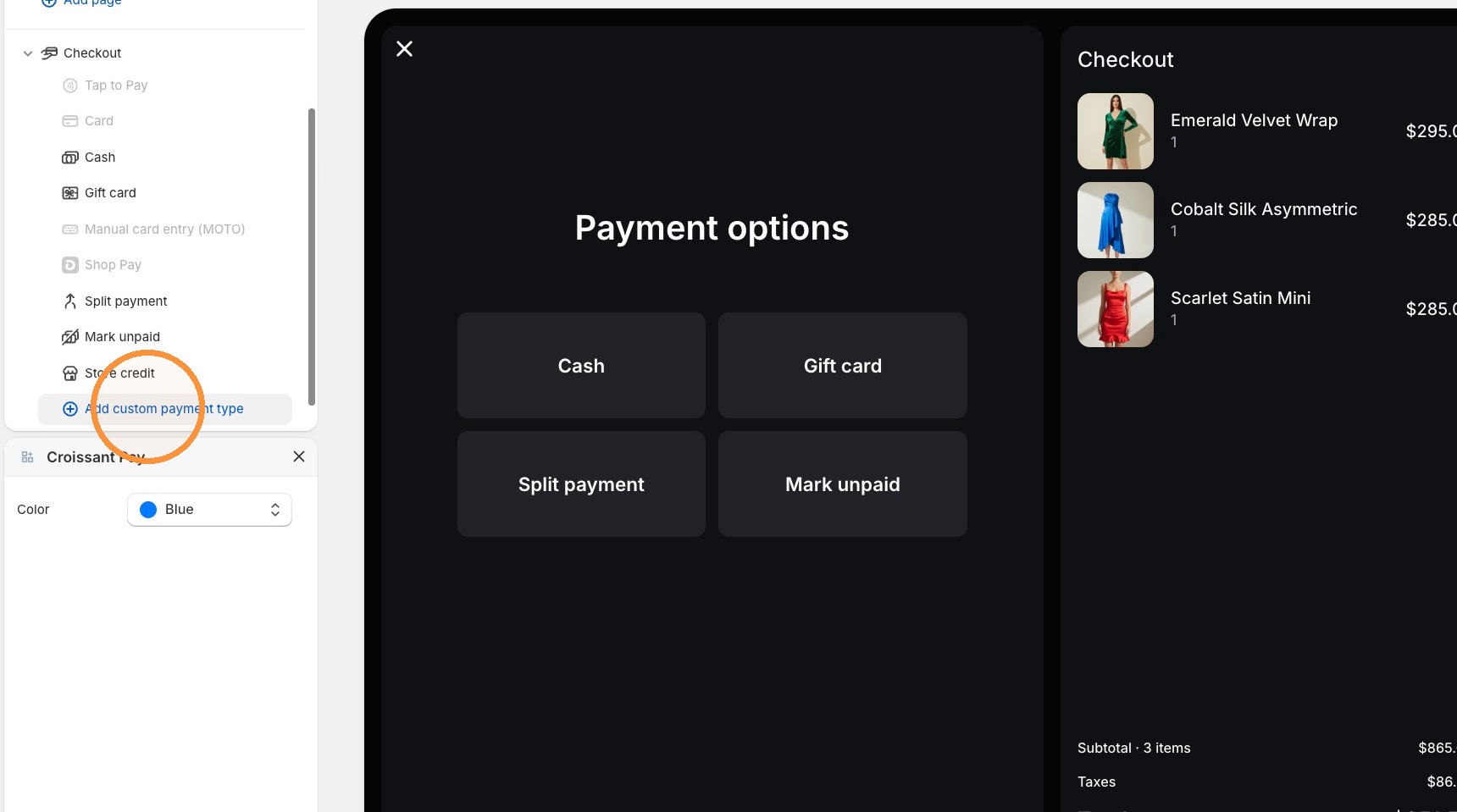 Shopify POS checkout settings with Add custom payment type highlighted