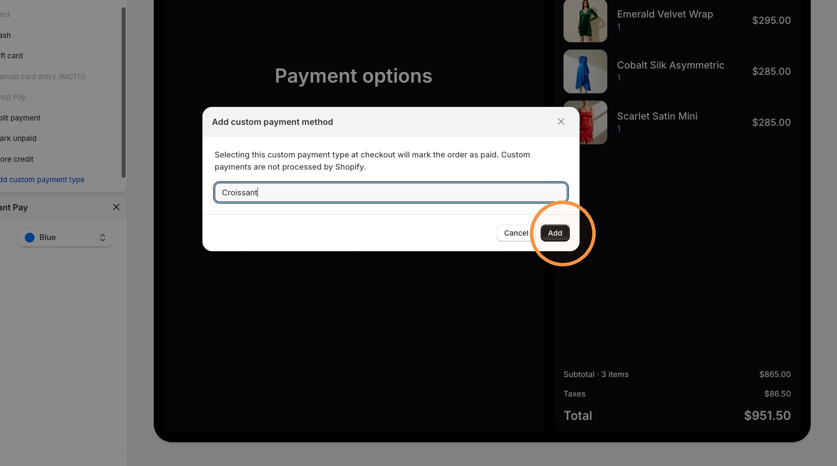 Add custom payment type dialog with Croissant entered