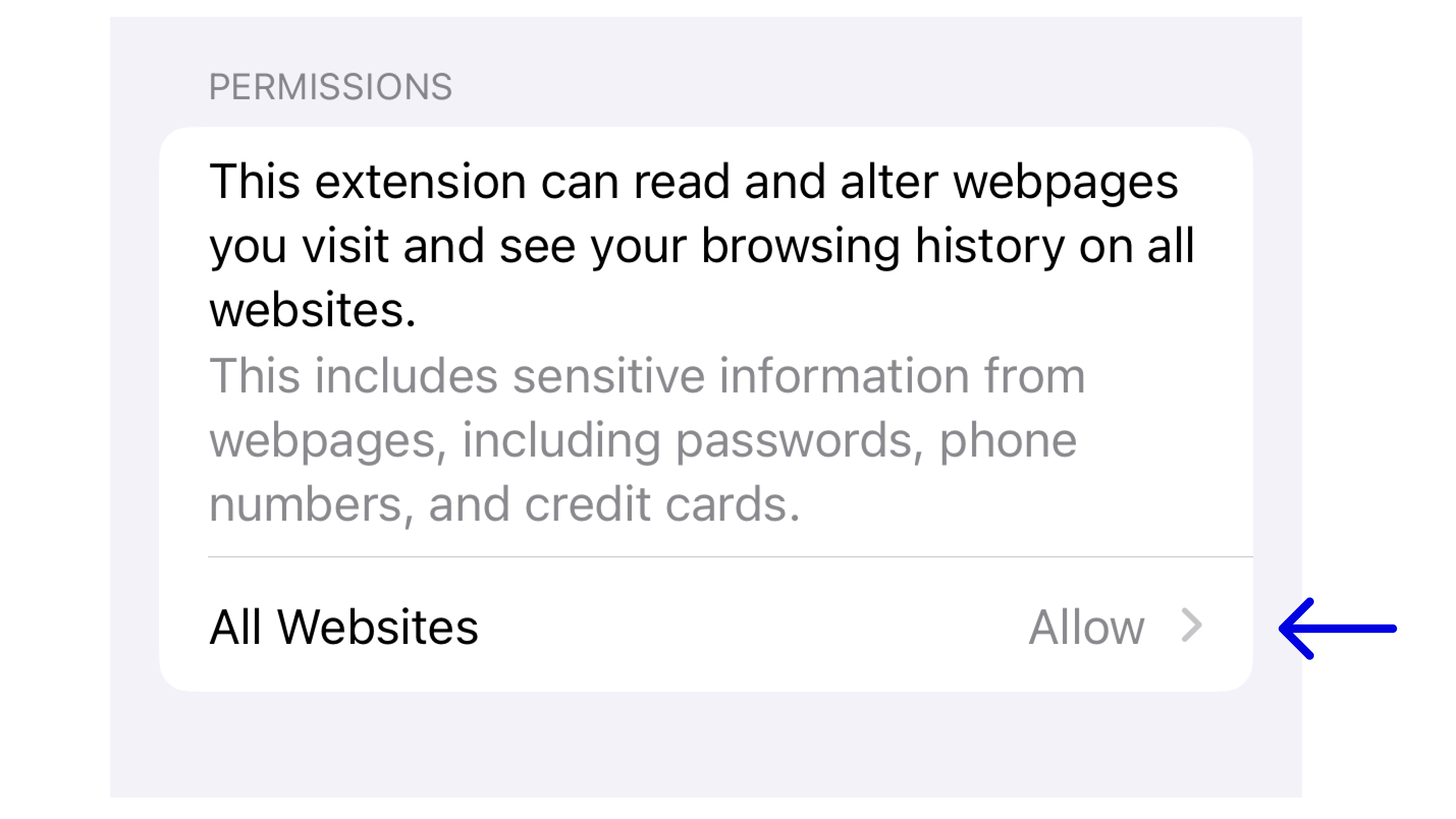 The permissions section indicating the option to allow on all websites.