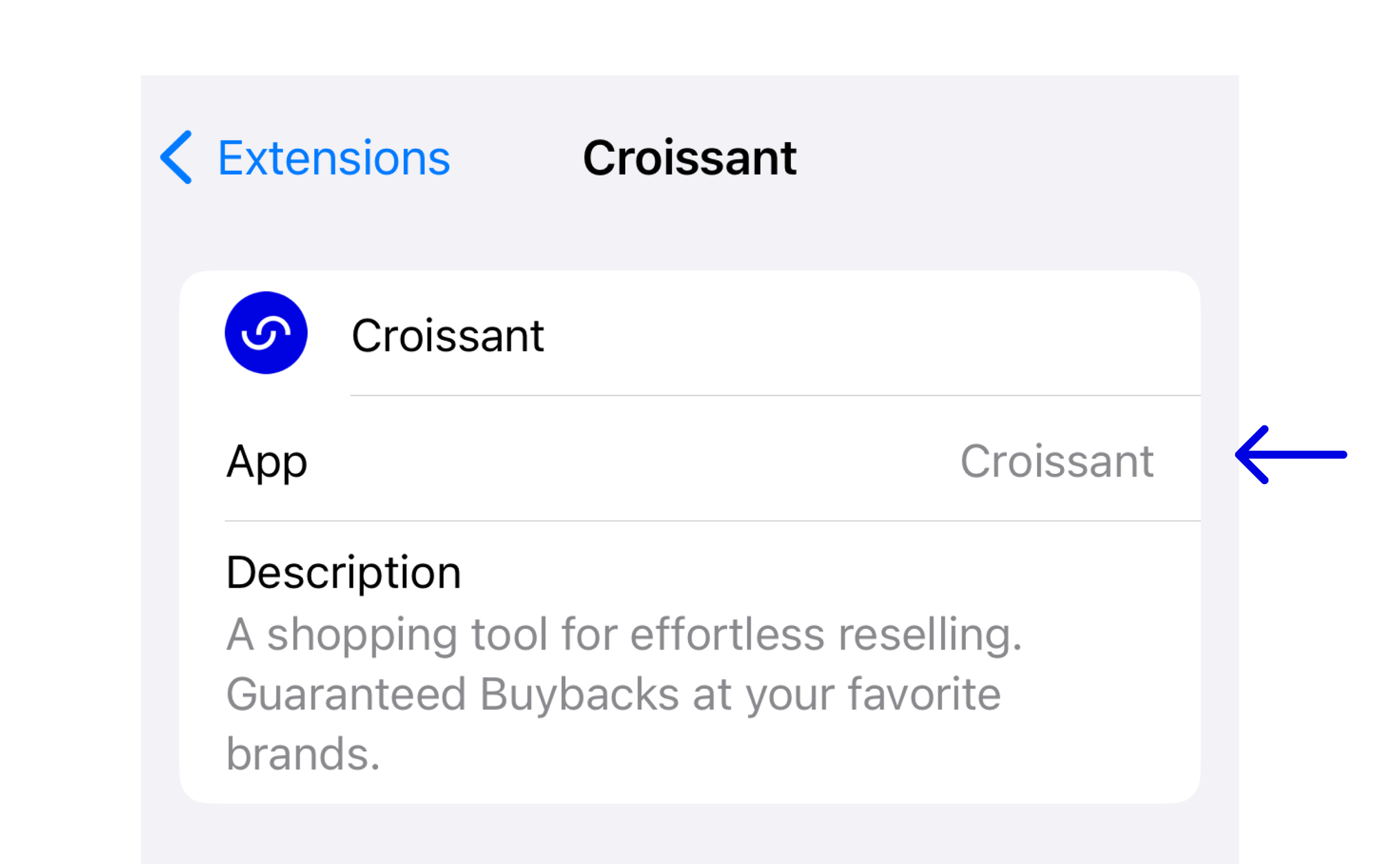 The Croissant Extension section within the Safari extension settings.