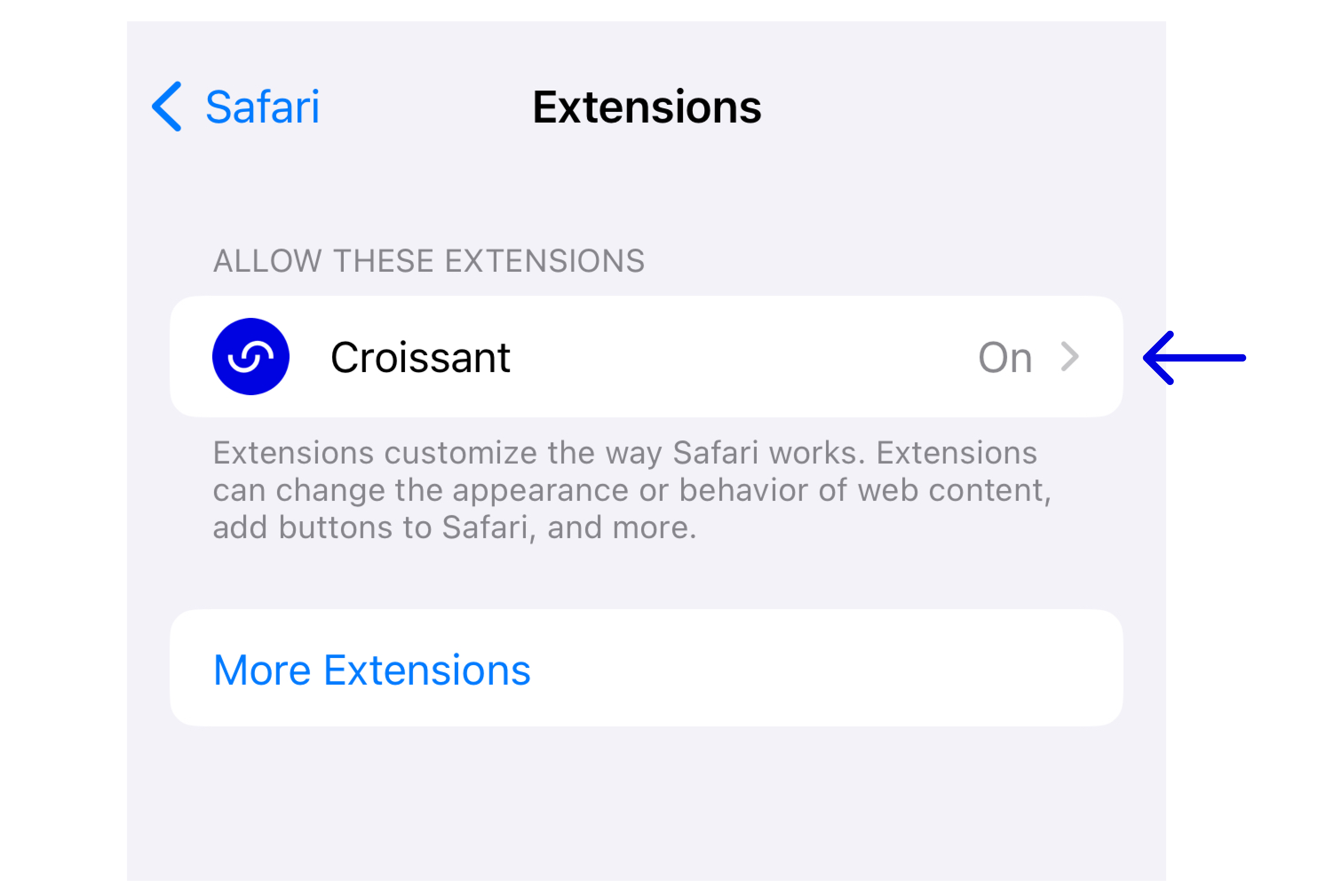 Croissant Extension permissions within the Safari extension settings.
