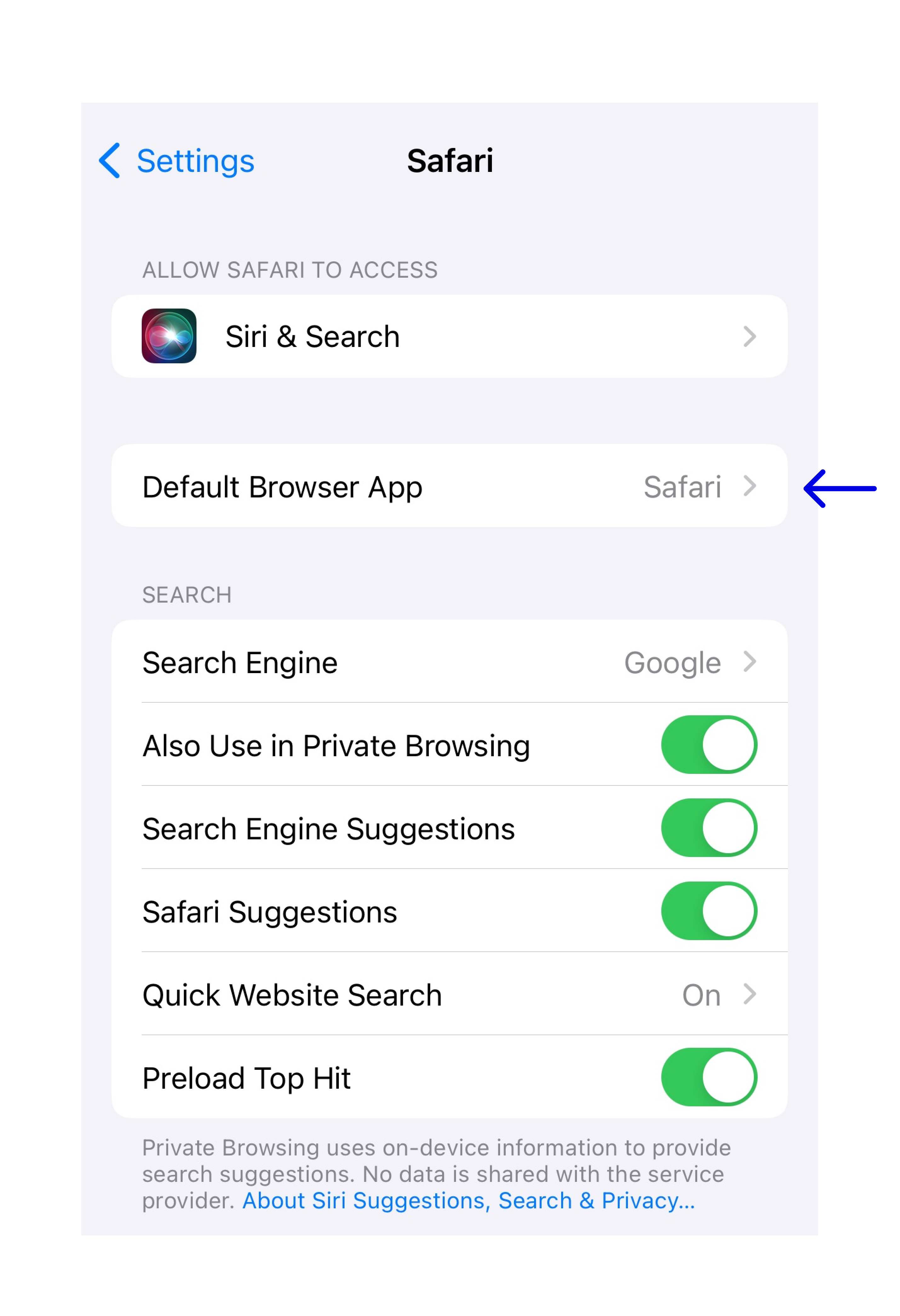 Setting default Safari as browser in iPhone settings.