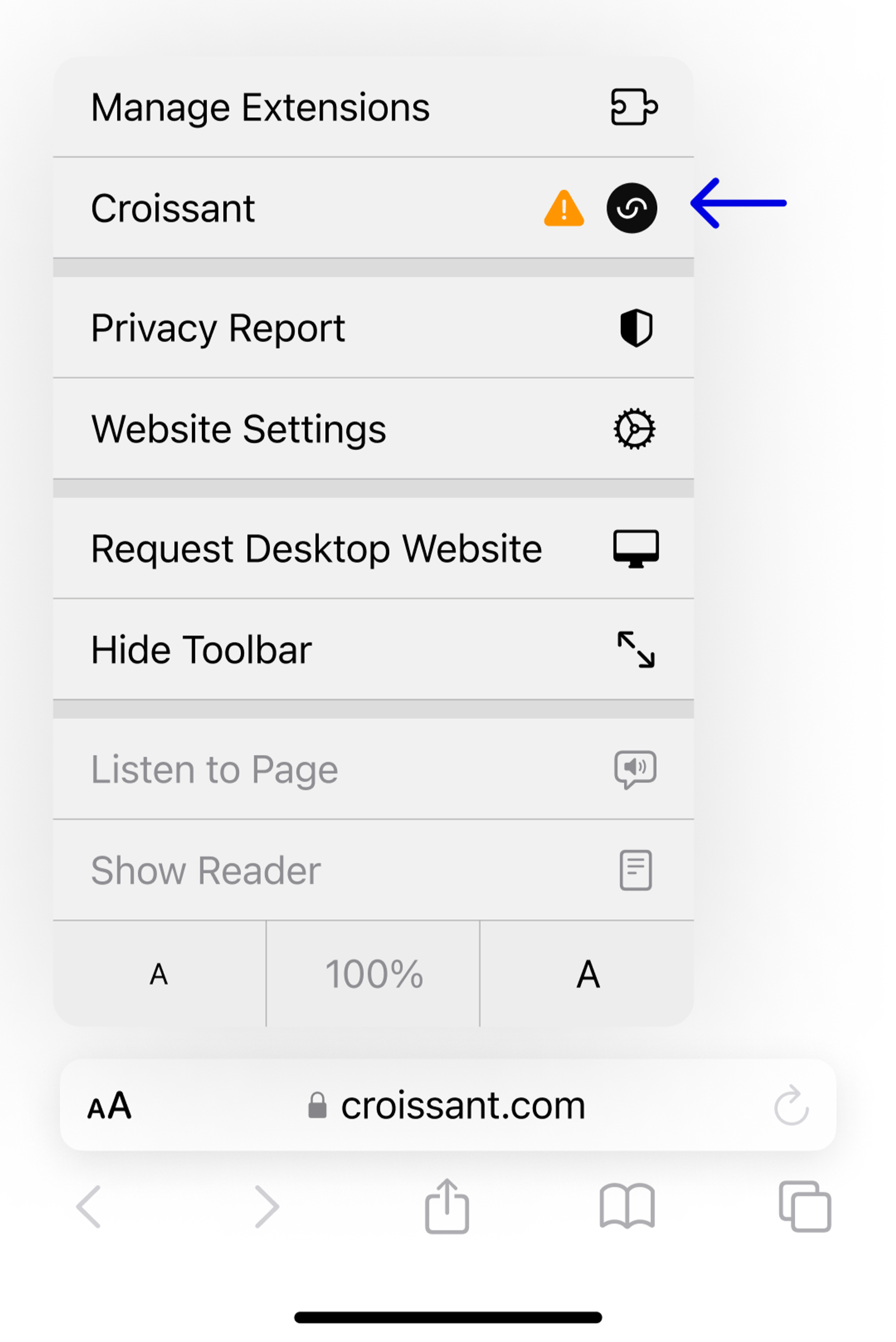 The Croissant Safari Extension permissions section of the Safari options menu.